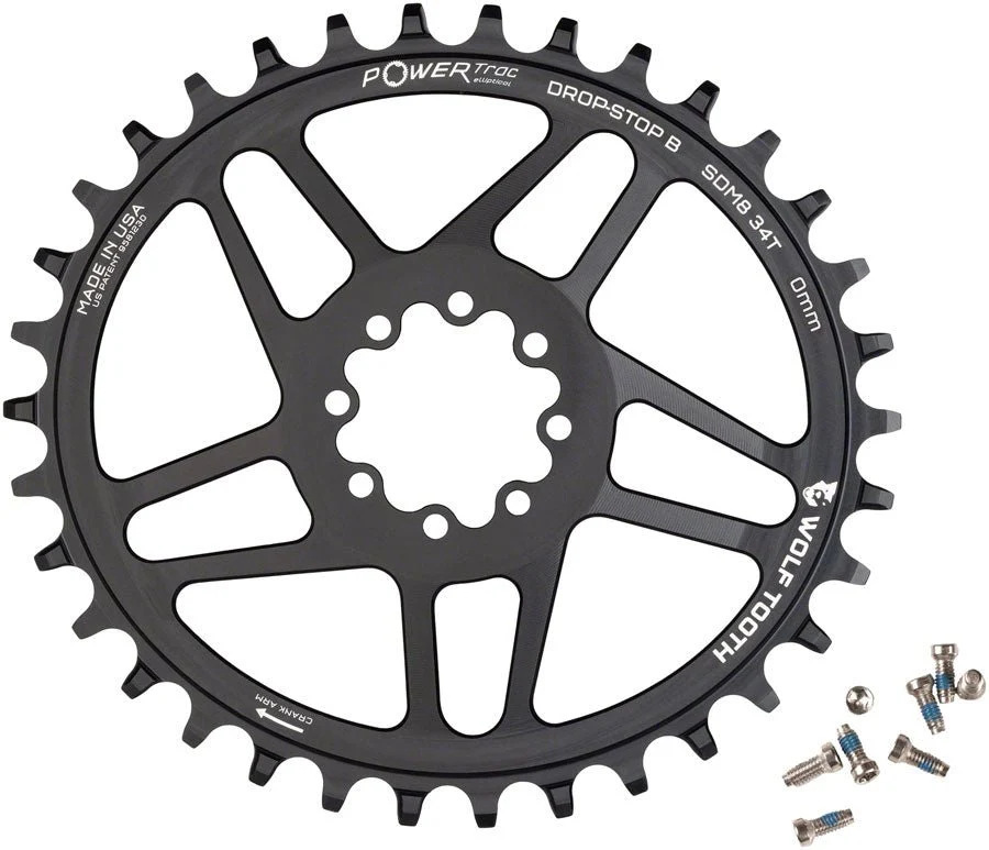 Wolf Tooth Components Chainring - Drop-Stop B - 0mm Offset - SRAM 8-Bolt Direct Mount - 34t - Oval - Black